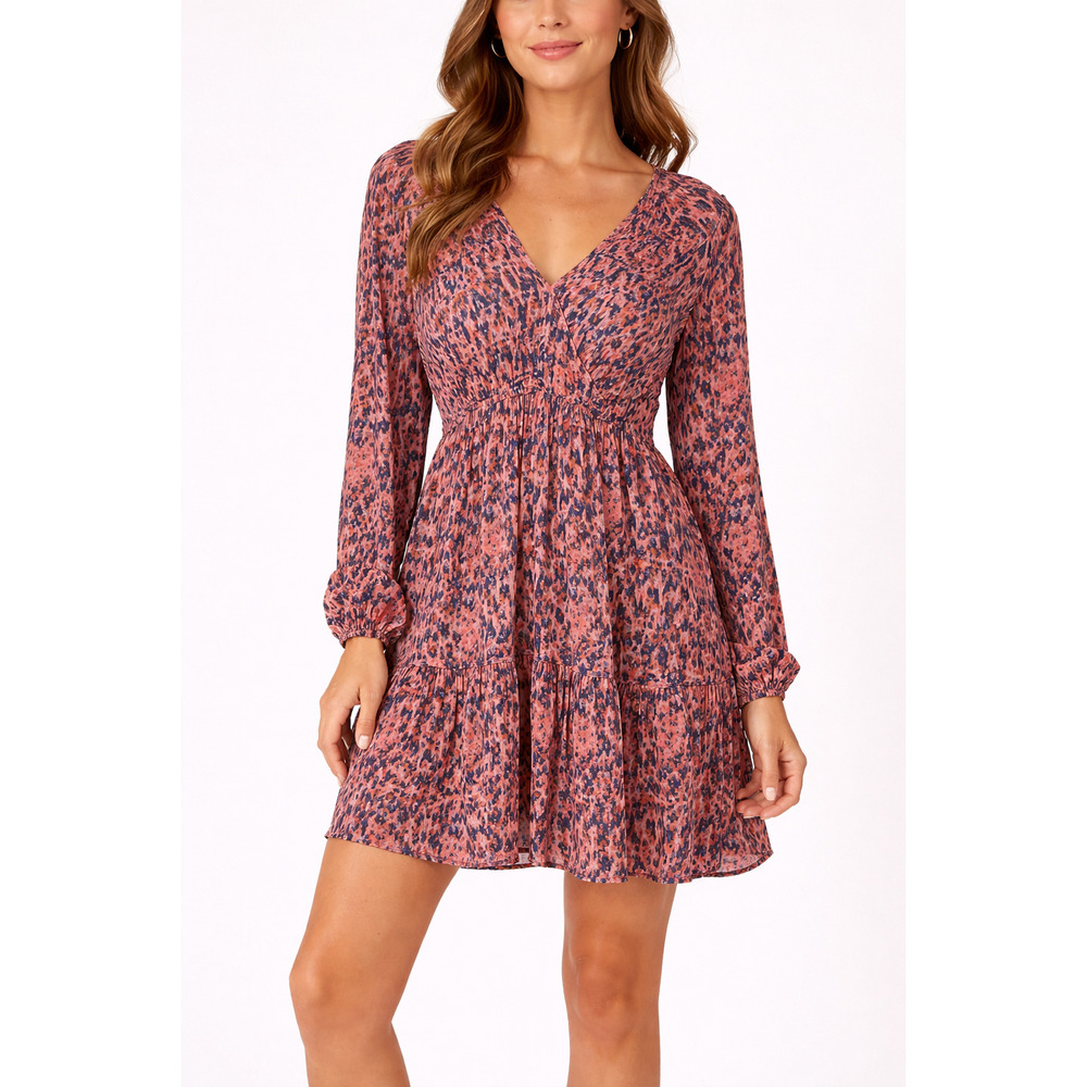 BeachLunchLounge Boho Mini Dress Long Sleeve V Neck Coral Navy Print Size Small
